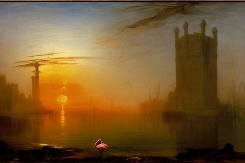 a standing zombie flamingo and a distant sunken cathedral, at dusk, by J.M.W. Turner and Ansel Adams, oil painting, detailed and beautiful, muted colors -s70 -b1 -W768 -H512 -C10.0 -mk_euler_a -S3549206435
